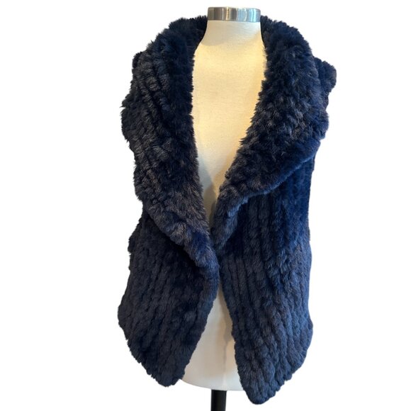 NEW Love Token Navy Blue Faux Rabbit Fur Vest - Picture 1 of 9